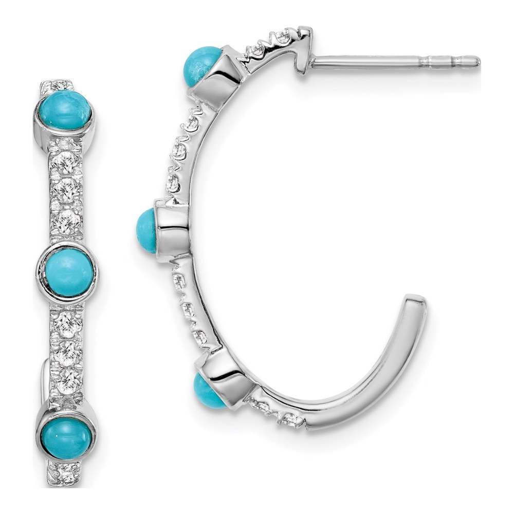 14k White Gold Turquoise & White Topaz J-Hoop Earrings