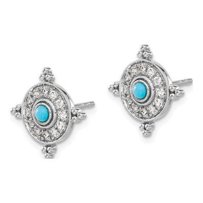 14K White Gold 2.5mm Round Turquoise & White Topaz Shield Stud Earrings – view 2
