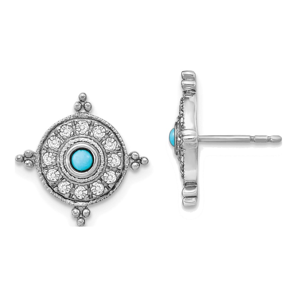 14K White Gold 2.5mm Round Turquoise & White Topaz Shield Stud Earrings