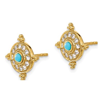14K Yellow Gold 2.5mm Round Turquoise & White Topaz Shield Stud Earrings – view 2