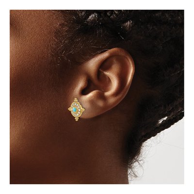 14K Yellow Gold 2.5mm Round Turquoise & White Topaz Shield Stud Earrings – view 3