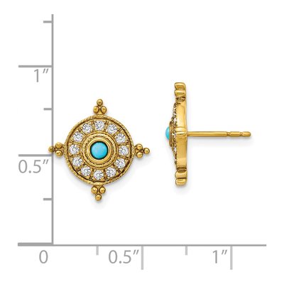 14K Yellow Gold 2.5mm Round Turquoise & White Topaz Shield Stud Earrings – view 4
