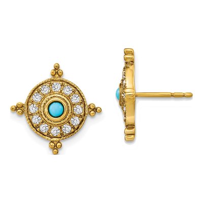 14K Yellow Gold 2.5mm Round Turquoise & White Topaz Shield Stud Earrings