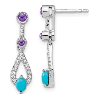 14K White Gold Turquoise & Amethyst Dangle Earrings