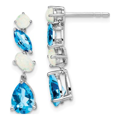 14K White Gold Swiss Blue Topaz & Opal Dangle Earrings