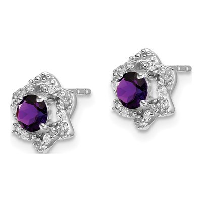 14K White Gold 1/20 ct tw 4mm Round Amethyst & Diamond Floral Stud Earrings – view 2