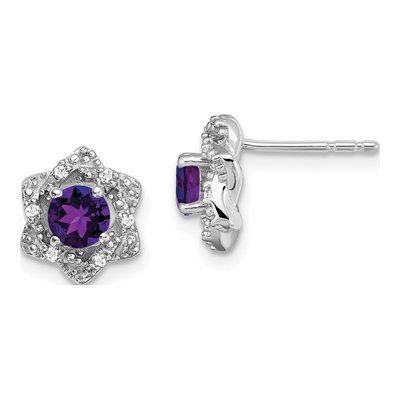 14K White Gold 1/20 ct tw 4mm Round Amethyst & Diamond Floral Stud Earrings