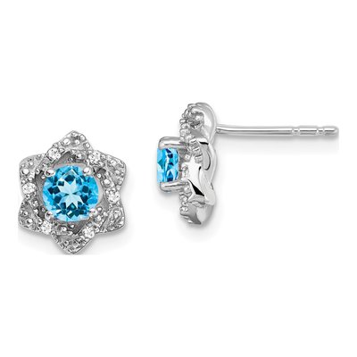 14K White Gold 1/20 ct tw 4mm Round Swiss Blue Topaz & Diamond Floral Stud Earrings