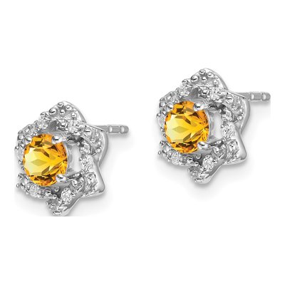 14K White Gold 1/20 ct tw 4mm Round Citrine & Diamond Floral Stud Earrings – view 2