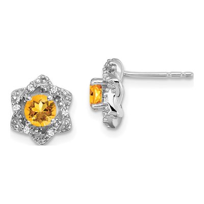 14K White Gold 1/20 ct tw 4mm Round Citrine & Diamond Floral Stud Earrings