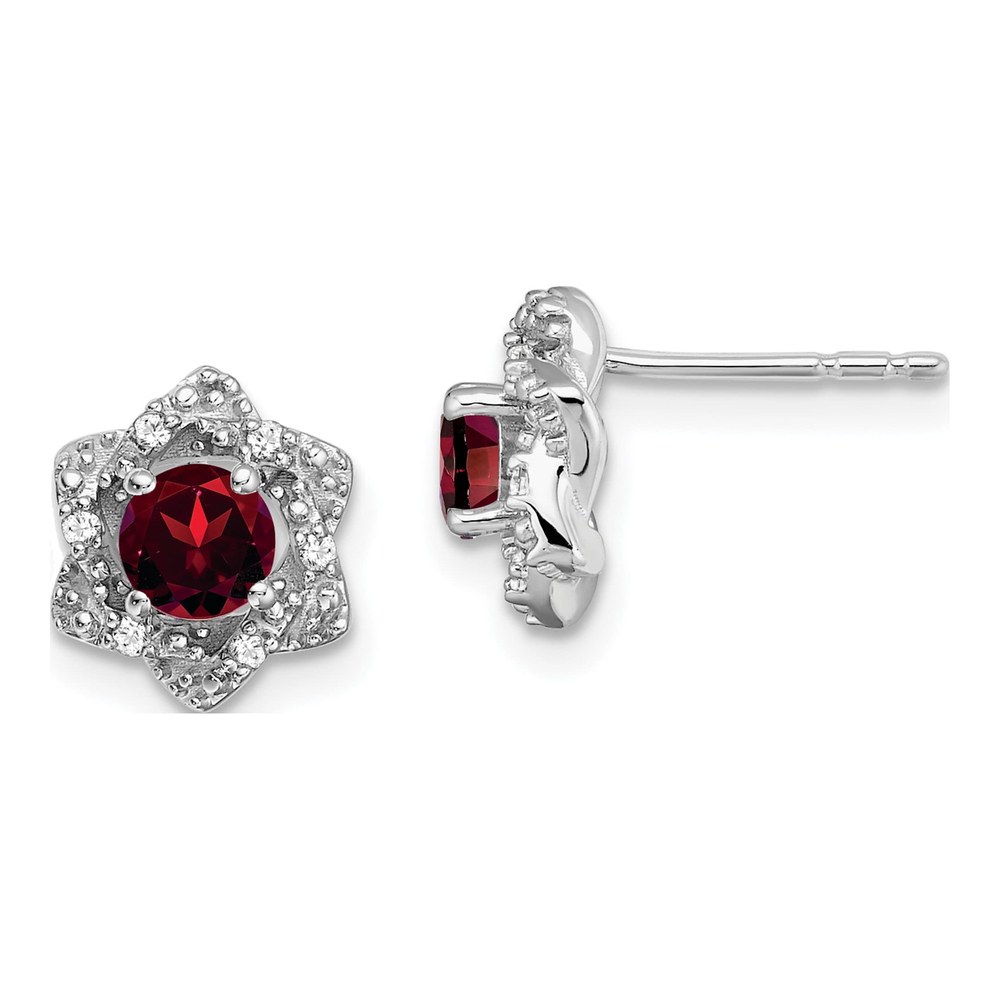 14K White Gold 1/20 ct tw 4mm Round Garnet & Diamond Floral Stud Earrings
