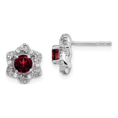 14K White Gold 1/20 ct tw 4mm Round Garnet & Diamond Floral Stud Earrings