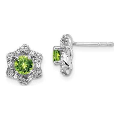14K White Gold 1/20 ct tw 4mm Round Peridot & Diamond Floral Stud Earrings