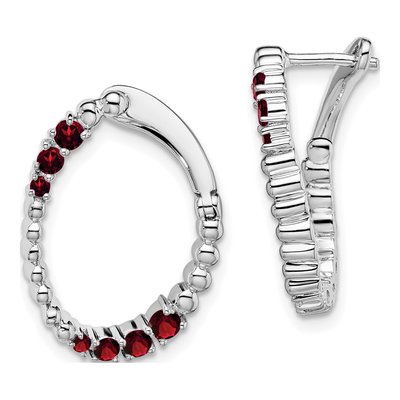 14K White Gold 20mm Garnet Twisted Oval Huggie Hoop Earrings
