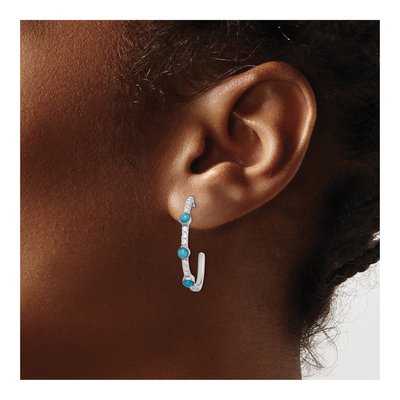 14K White Gold 27mm Turquoise & White Topaz J- Hoop Earrings – view 3