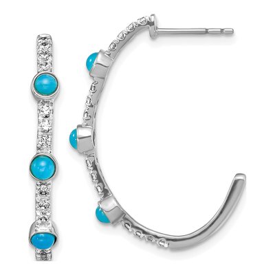 14K White Gold 27mm Turquoise & White Topaz J- Hoop Earrings