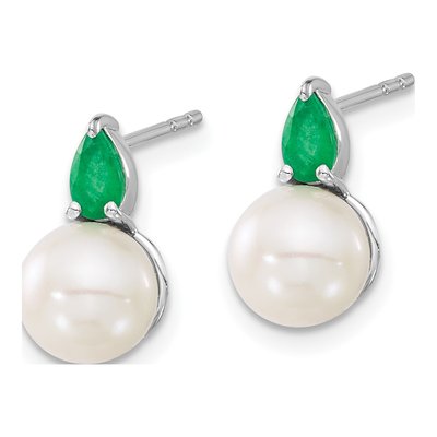 14K White Gold Emerald & Pearl Pear Stud Earrings – view 2