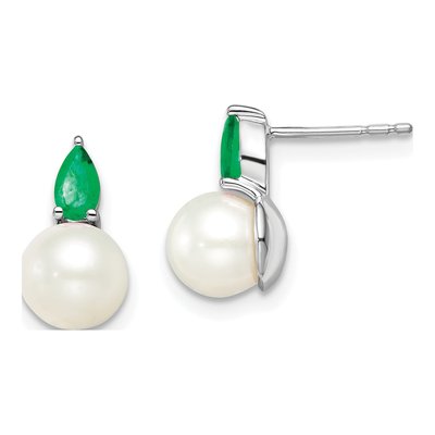 14K White Gold Emerald & Pearl Pear Stud Earrings
