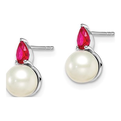14K White Gold Ruby & Pearl Pear Stud Earrings – view 2