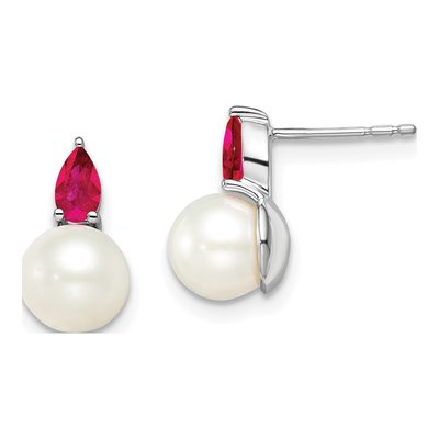 14K White Gold Ruby & Pearl Pear Stud Earrings