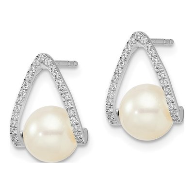 14K White Gold 1/7 ct tw Pearl & Diamond Dangle Earrings – view 2