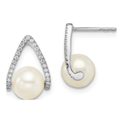 14K White Gold 1/7 ct tw Pearl & Diamond Dangle Earrings