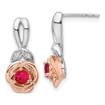 14K Two-Tone Gold Ruby & Diamond Flower Dangle Earrings
