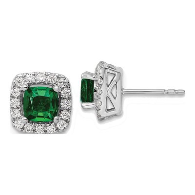 14k White Gold Lab-Created Emerald Diamond Halo Earrings