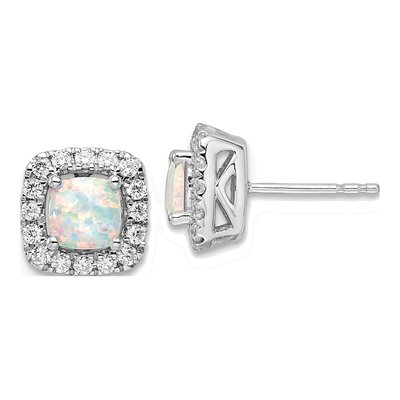14K White Gold 3/8 ct tw 1.4mm Round Opal & Lab-Grown Diamond Halo Stud Earrings