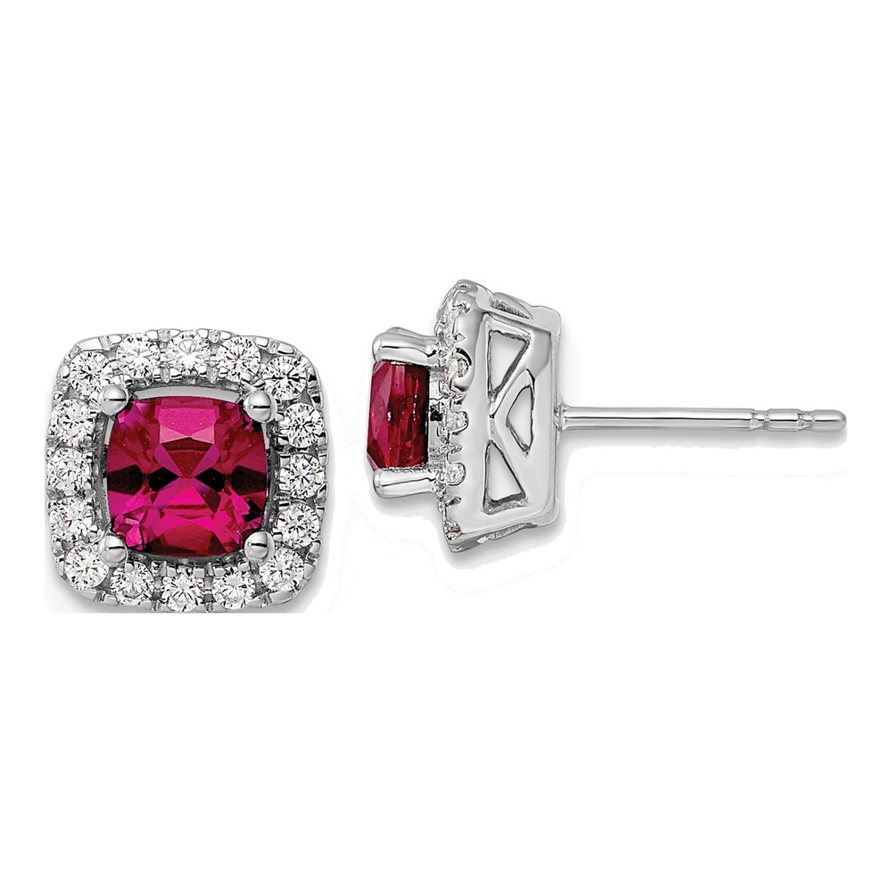 14K White Gold Lab Ruby Diamond Halo Earrings