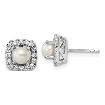 14K White Gold 3/8 ct tw 1.4mm Round Pearl & Lab-Grown Diamond Halo Stud Earrings