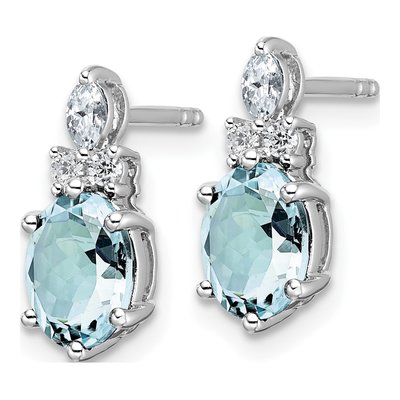 14K White Gold 1/6 ct tw Aquamarine & Diamond Oval March Dangle Earrings – view 2