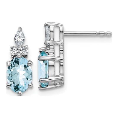 14K White Gold 1/6 ct tw Aquamarine & Diamond Oval March Dangle Earrings