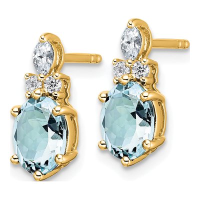 14K Yellow Gold 1/6 ct tw Aquamarine & Diamond Oval March Dangle Earrings – view 2
