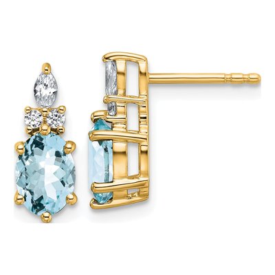14K Yellow Gold 1/6 ct tw Aquamarine & Diamond Oval March Dangle Earrings