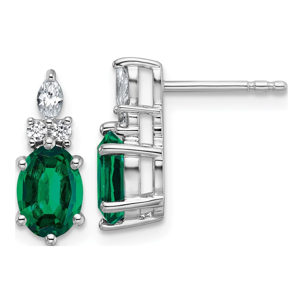 14K White Gold Rhodium-Plated Diamond And 7x5 Oval May/lab Created Emerald Post Earrings