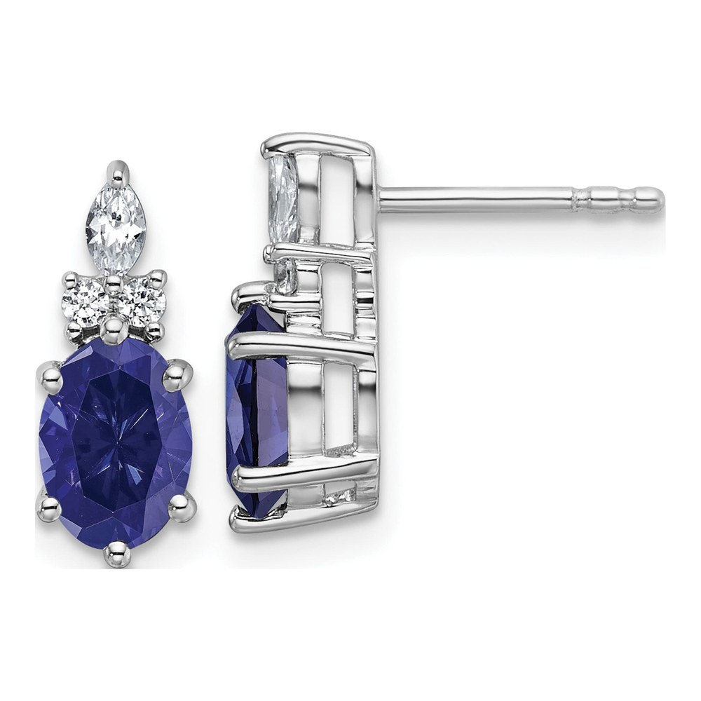 14K White Gold Rhodium-Plated Diamond And 7x5 Oval September/lab Created Sapphire Post Earrings