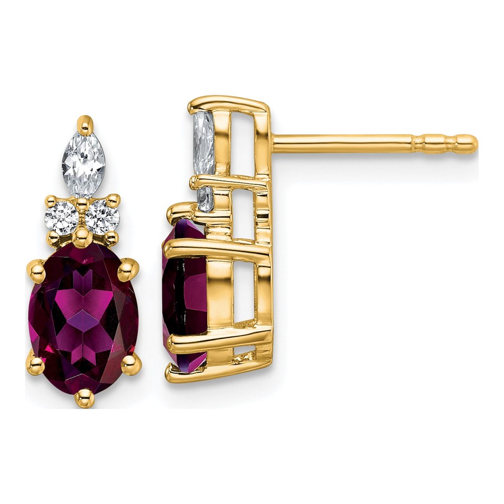 14K Diamond And 7x5 Oval June/rhodolite Garnet Post Earrings