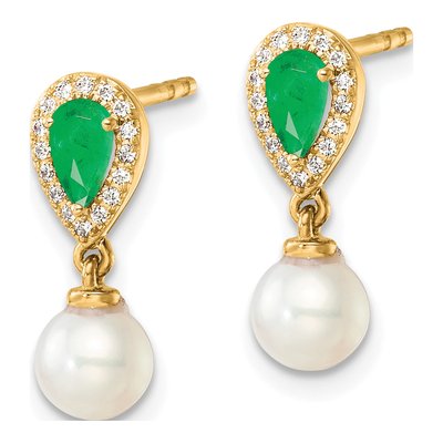 14K Yellow Gold 0.09 ct tw Freshwater Cultured Pearl & Emerald Round Pear Dangle Earrings – view 2