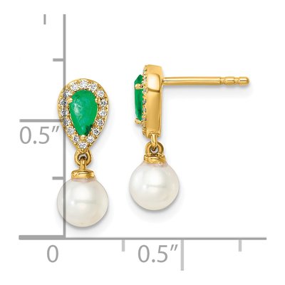 14K Yellow Gold 0.09 ct tw Freshwater Cultured Pearl & Emerald Round Pear Dangle Earrings – view 3