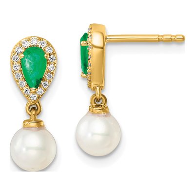 14K Yellow Gold 0.09 ct tw Freshwater Cultured Pearl & Emerald Round Pear Dangle Earrings