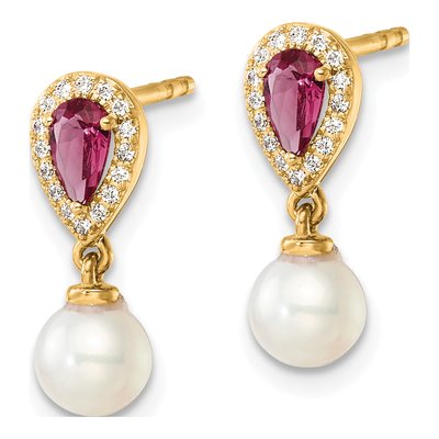 14K Yellow Gold 0.09 ct tw Freshwater Cultured Pearl & Ruby Round Pear Dangle Earrings – view 2