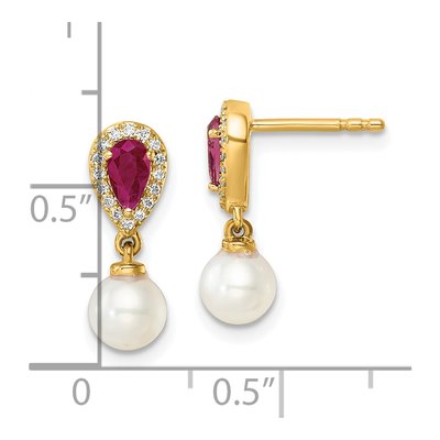 14K Yellow Gold 0.09 ct tw Freshwater Cultured Pearl & Ruby Round Pear Dangle Earrings – view 3