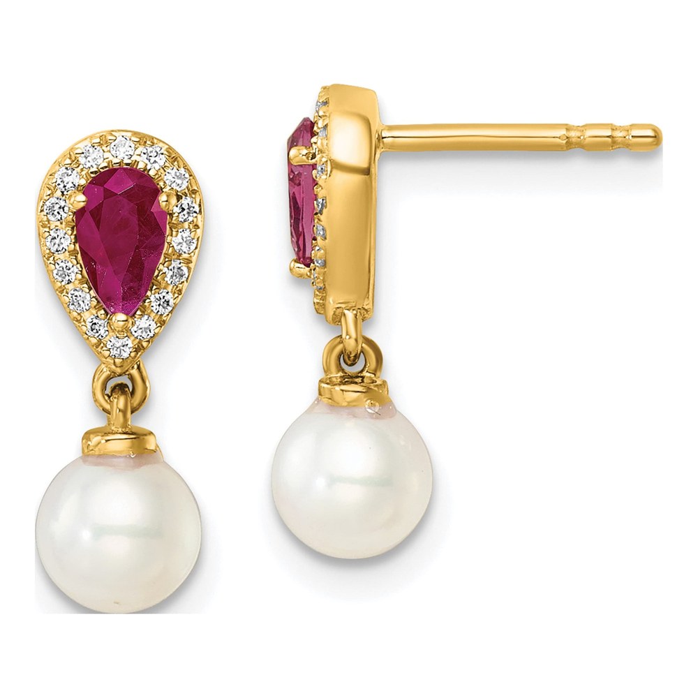14K White Round Freshwater Cultured Pearl/.09 Carat Diamond/pear Ruby Dangle Post Earrings