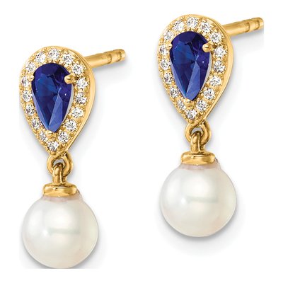 14K Yellow Gold 0.09 ct tw Freshwater Cultured Pearl & Sapphire Round Pear Dangle Earrings – view 2