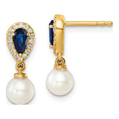 14K Yellow Gold 0.09 ct tw Freshwater Cultured Pearl & Sapphire Round Pear Dangle Earrings