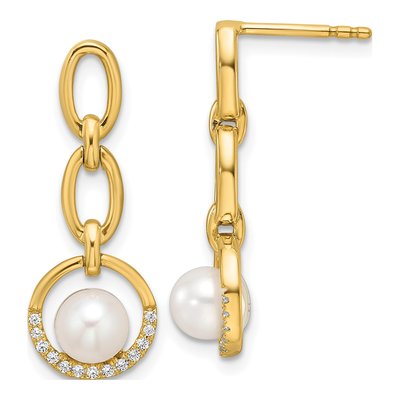 14K Yellow Gold 1/10 ct tw Freshwater Cultured Pearl & Diamond Open Circle Dangle Earrings