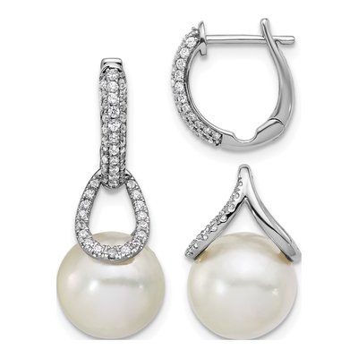 14K White Gold 0.41 ct tw 24mm Freshwater Cultured Pearl & Diamond Huggie Hoop Earrings