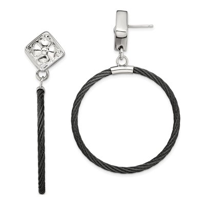 Titanium & Sterling Silver Black Floral Dangle Earrings