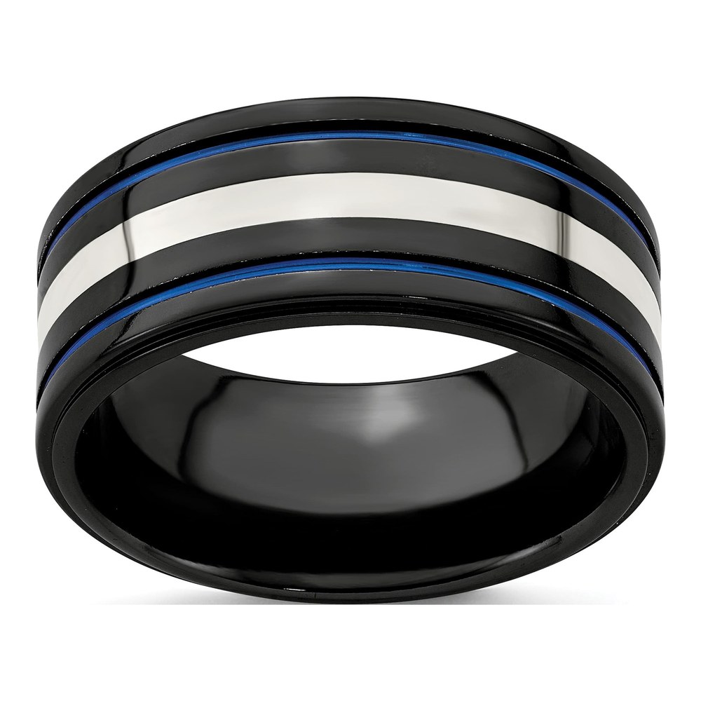 Edward Mirell Black Ti Sterling 925 & Grooved Blue Anodized Band